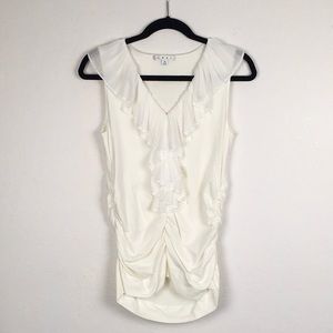 Cabi White Sleeveless Ruffle Collar Top